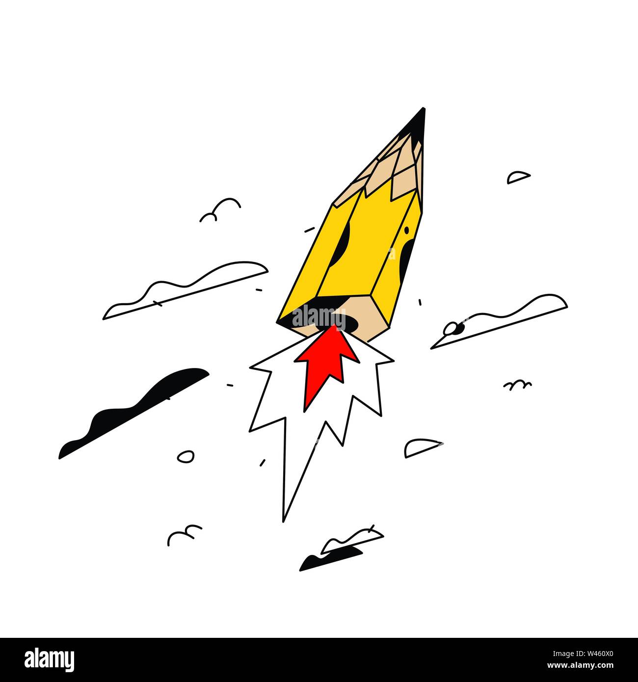 Abbildung: Ein fliegender Bleistift-Rakete. Vektor. Cartoon Flat Style. Gelbe Bleistift in den Himmel zwischen den Wolken. Symbol für Kreativität und Kreativität. Lo Stock Vektor