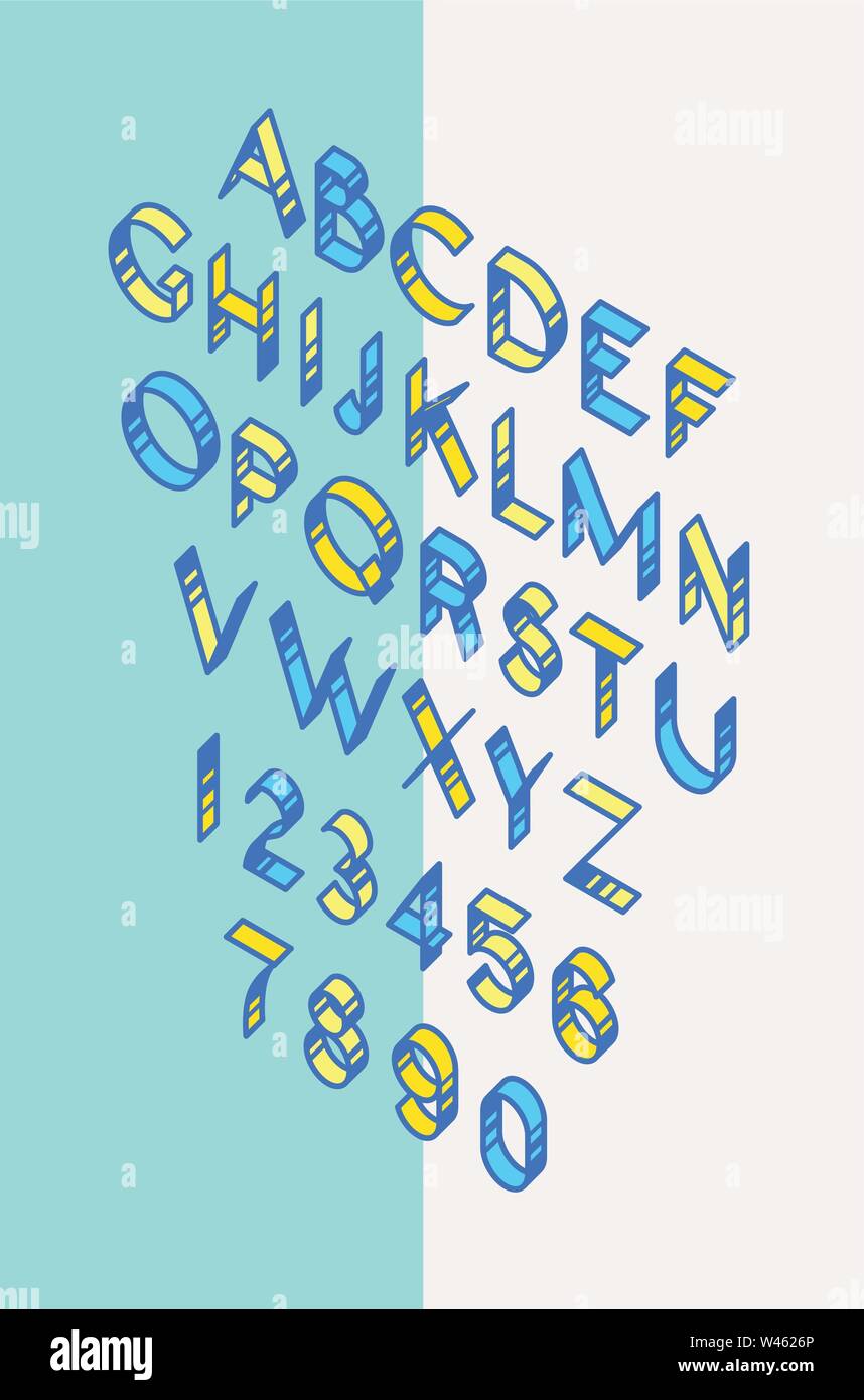 Volume font, Band. Vektor. Lineare, dünn, Kontur Buchstaben. Lateinische Schrift. Isometrie alle Buchstaben sind getrennt. Komplette Alphabet mit Zahlen. Pop Art Stil Stock Vektor