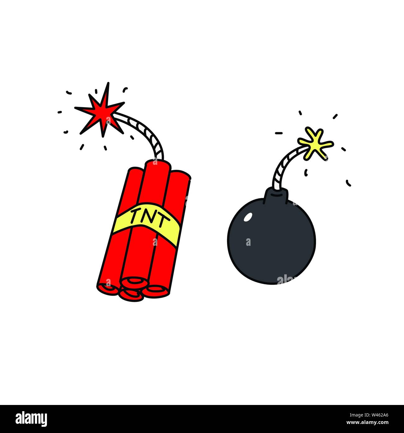 Sprengstoffe Symbole. Vektor. Waffen der Terroristen. Cartoon Stil. Bomben und Dynamit. Stock Vektor
