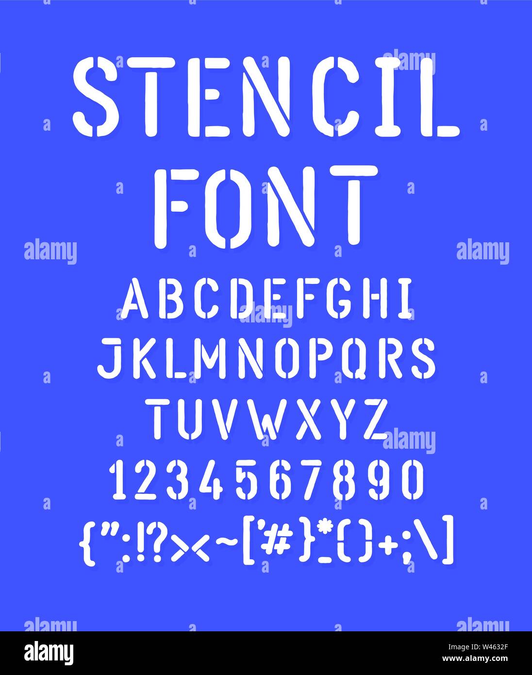 Weiß stenciled Font. Vektor. Die Briefe sind alle separat. Ein Satz von Buchstaben, Englisches Alphabet. Lateinische Zeichen. Hipster militärische Briefe. Stock Vektor