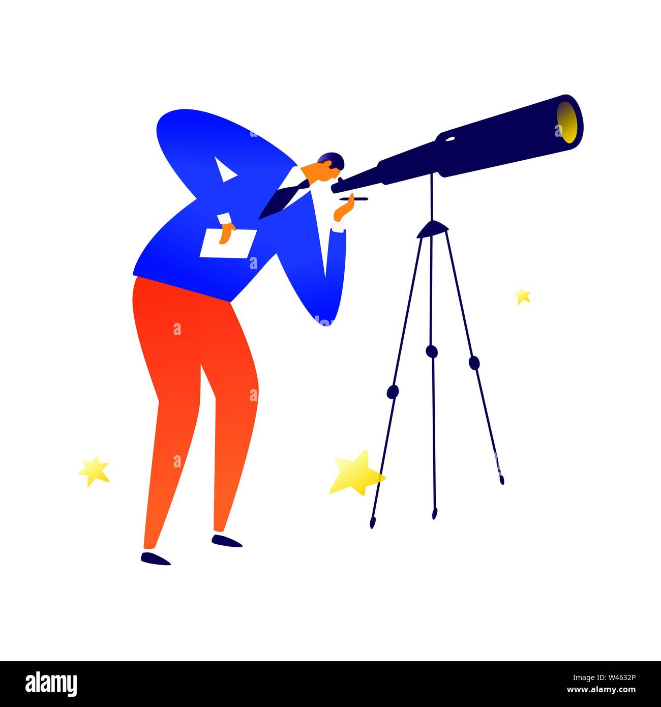 Abbildung: ein Mann mit einem Teleskop. Vektor. Astronom untersucht die Sterne. Suchen nach Personen. Recruitment Manager. Die Kommunikation in einem sozialen Envir Stock Vektor