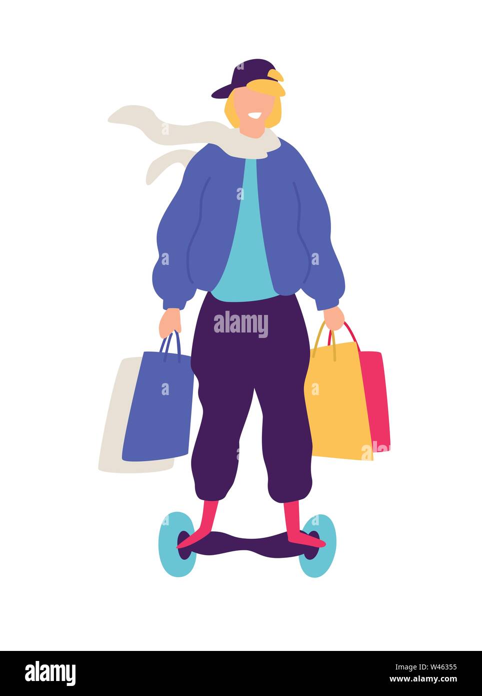 Abbildung: ein Kerl auf einem Roller mit Käufen. Vektor. Positive flachbild Abbildung im Comic-stil. Rabatte und Vertrieb. Happy shopaholic Shopping Stock Vektor