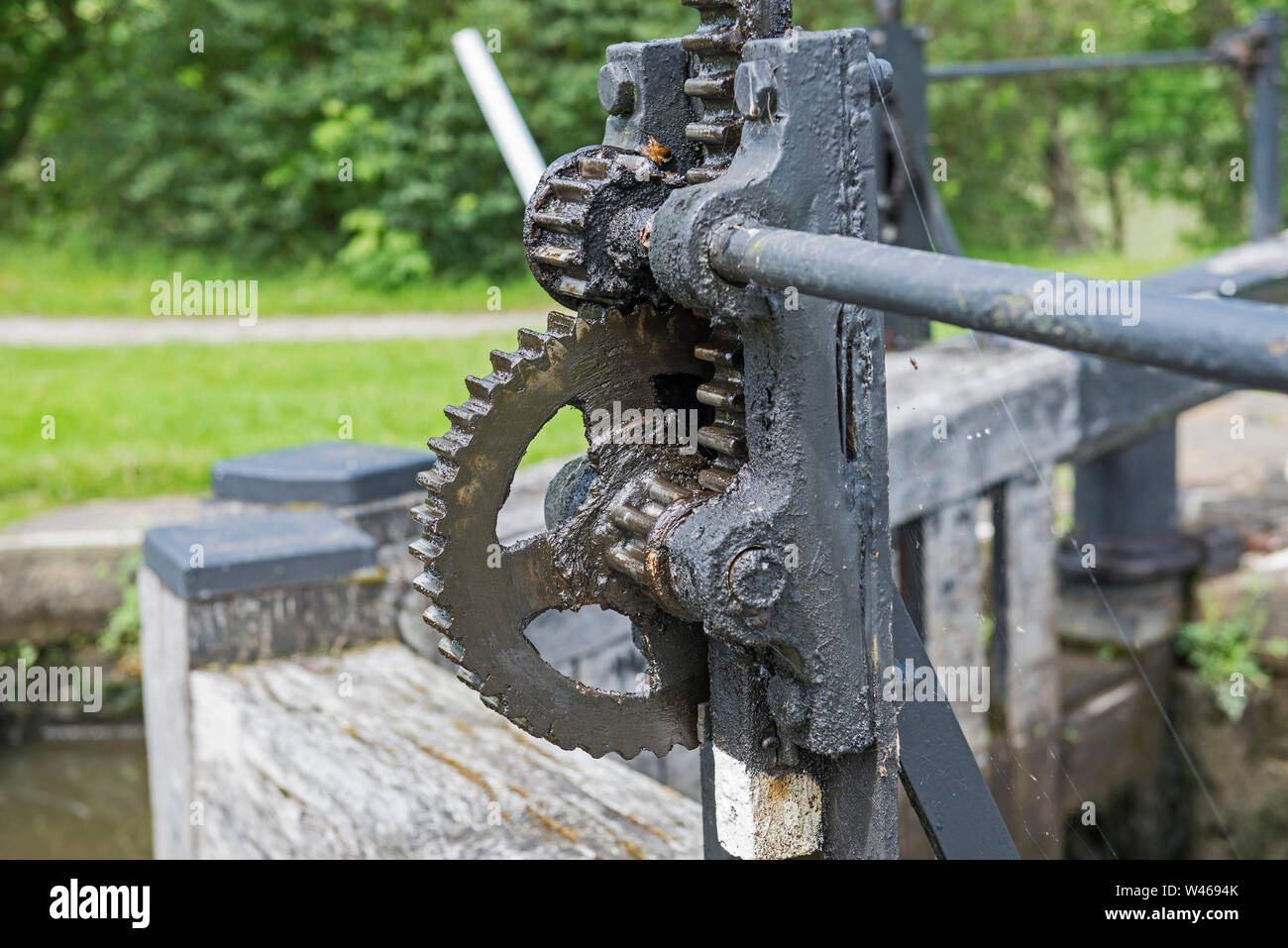 Closeup Detail des Alten gewundenen Gang Zahnrad auf der Canal Gatter verriegeln, in der ländlichen Umgebung. Stockfoto