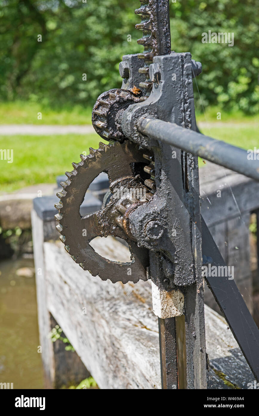 Closeup Detail des Alten gewundenen Gang Zahnrad auf der Canal Gatter verriegeln, in der ländlichen Umgebung. Stockfoto