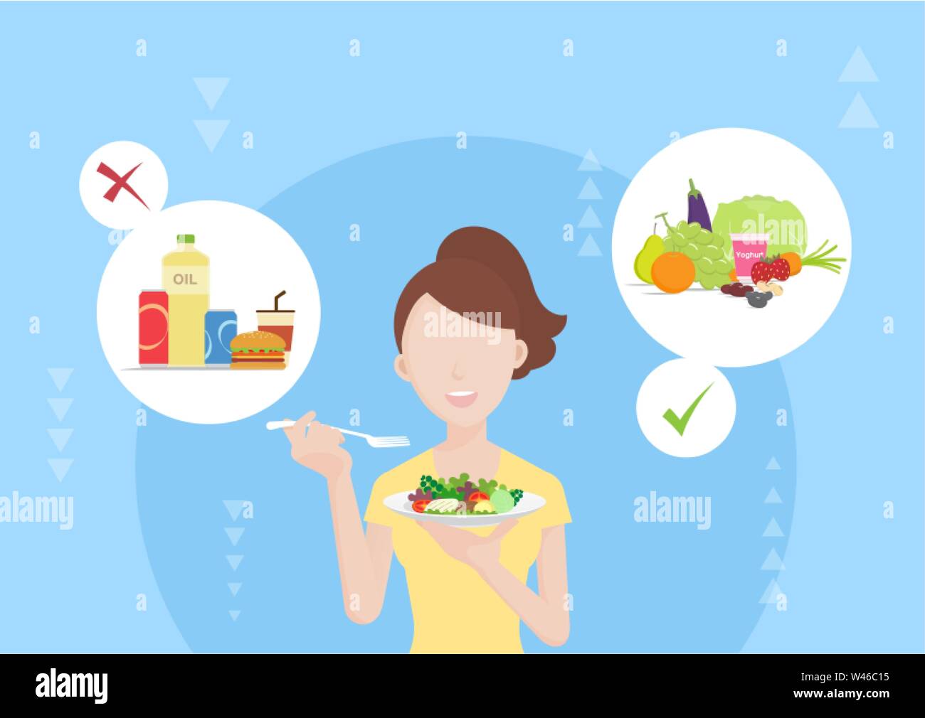 Nützliche Diät Auswahl. Junge Frau wählen Sie Nahrungsmittel, die vorteilhaft für Körper, gesunde Ernährung. Vecter Illustration cartoon Zeichenstil Konzept der Gewicht con Stock Vektor