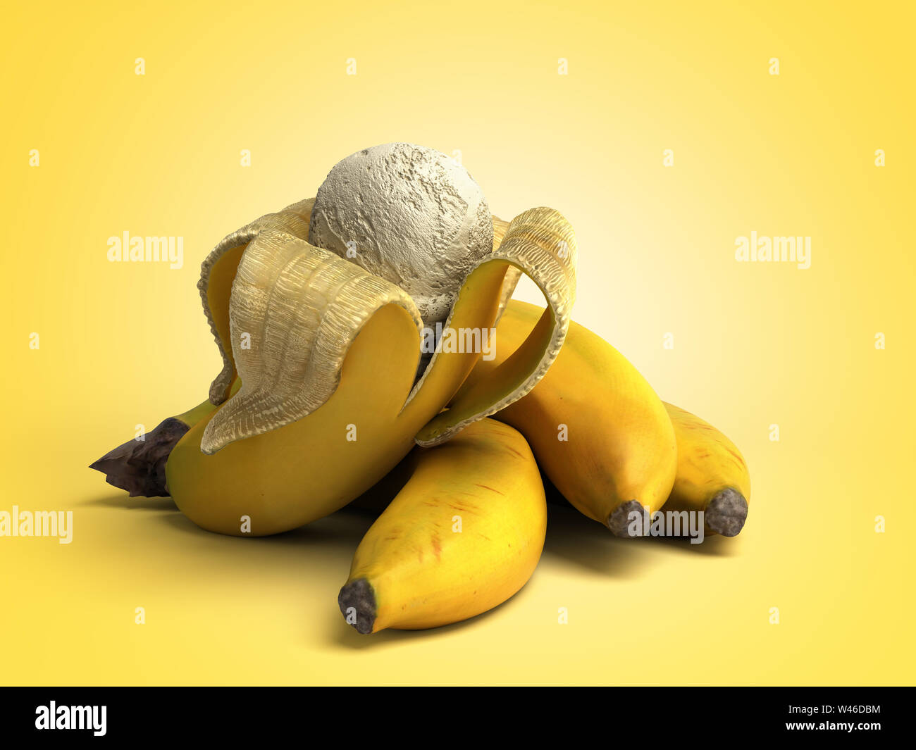 Moderne Konzept von Obst Eis eine Banane Eis Ball liegt auf einem gerösteten Bananen 3D-Render auf farbigen Hintergrund Stockfoto