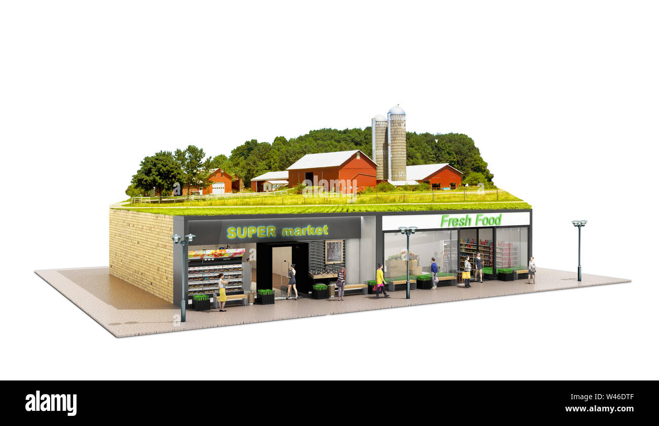 Das Konzept der ökologisch reinen Essen Vitrinen Lebensmittelläden Supermärkte mit einem Bauernhof auf dem Dach 3D-Render auf Weiß Stockfoto