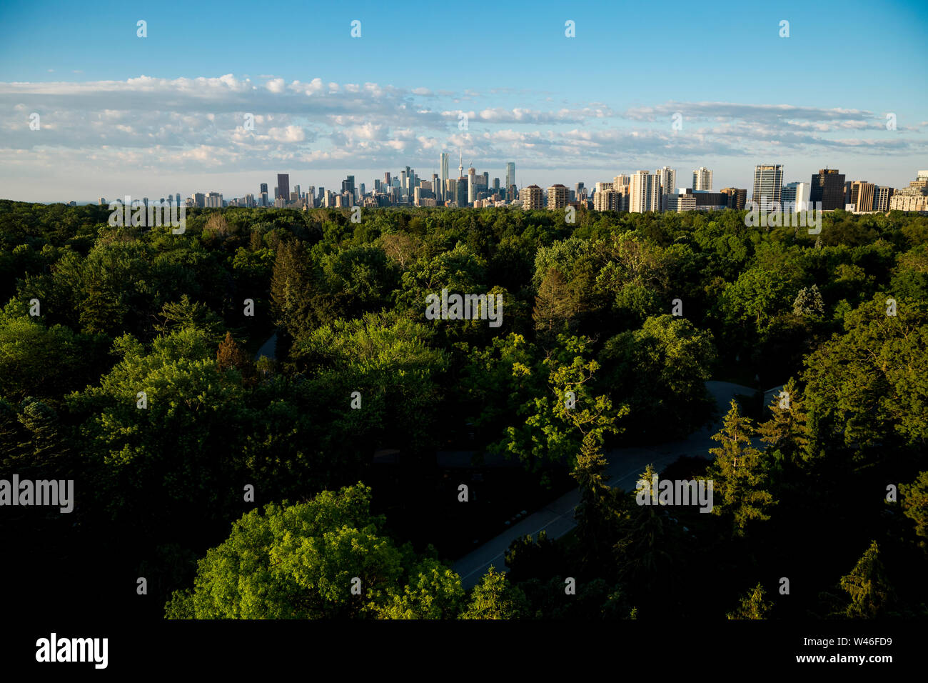 Die Toronto Skyline von oben Mount Pleasant Friedhof in Toronto, Ontario, Kanada gesehen Stockfoto