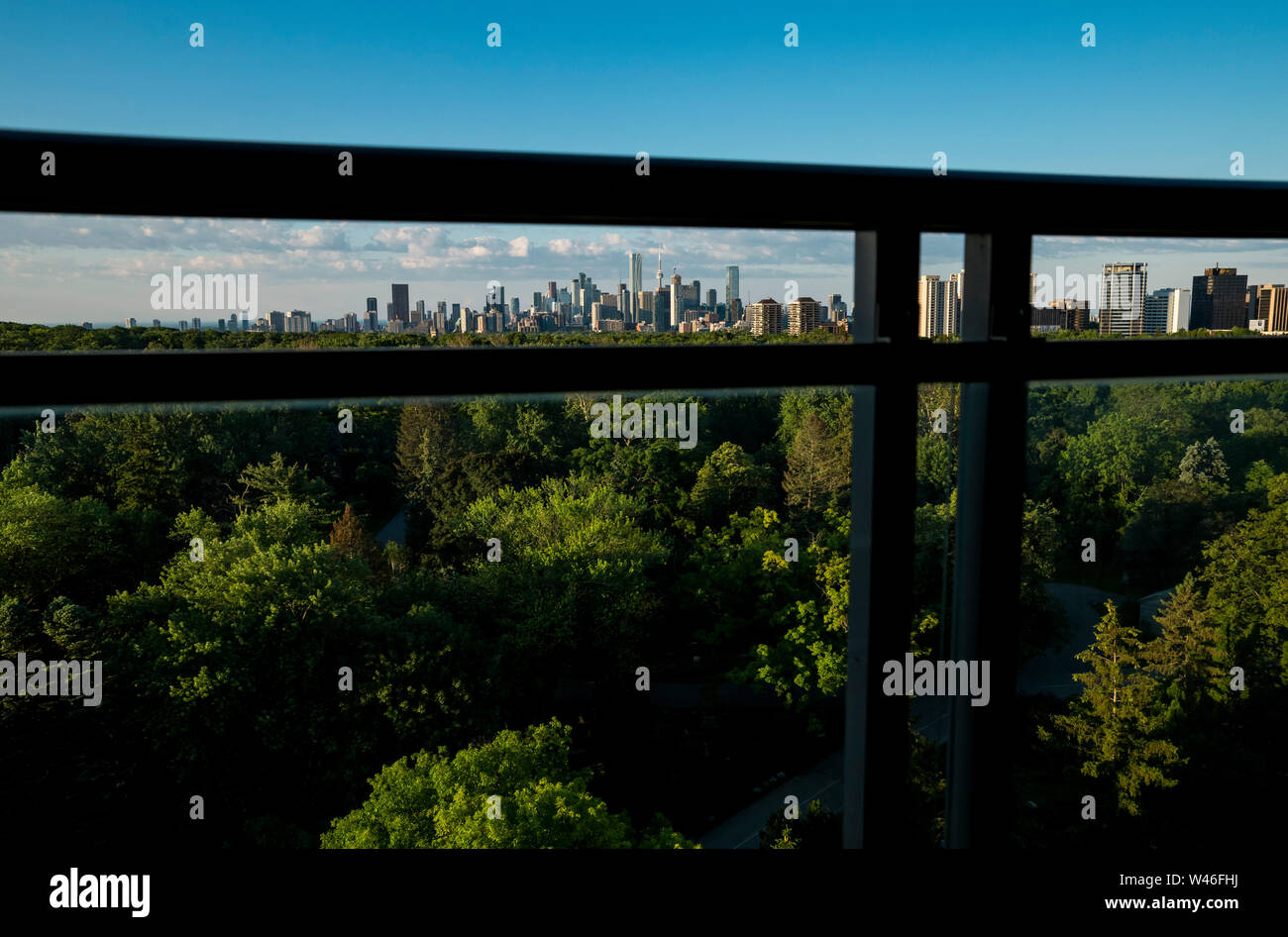 Die Skyline der Innenstadt von einem Balkon in Davisville in Toronto, Ontario, Kanada gesehen Stockfoto