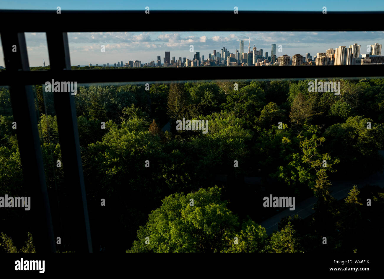 Die Skyline der Innenstadt von einem Balkon in Davisville in Toronto, Ontario, Kanada gesehen Stockfoto