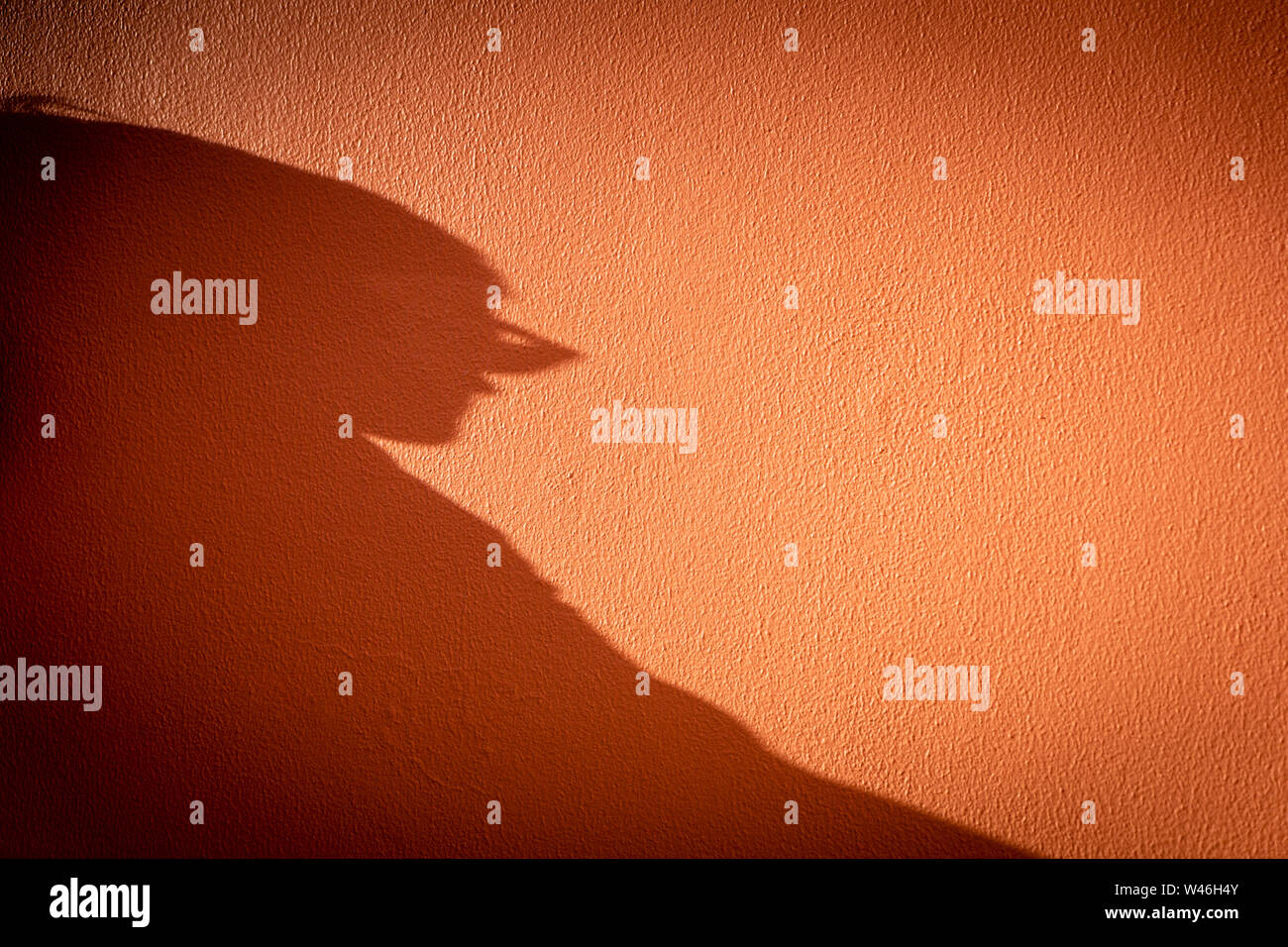 Schatten eines Menschen Oberkörper beeing Besetzung über eine orange Wand Stockfoto