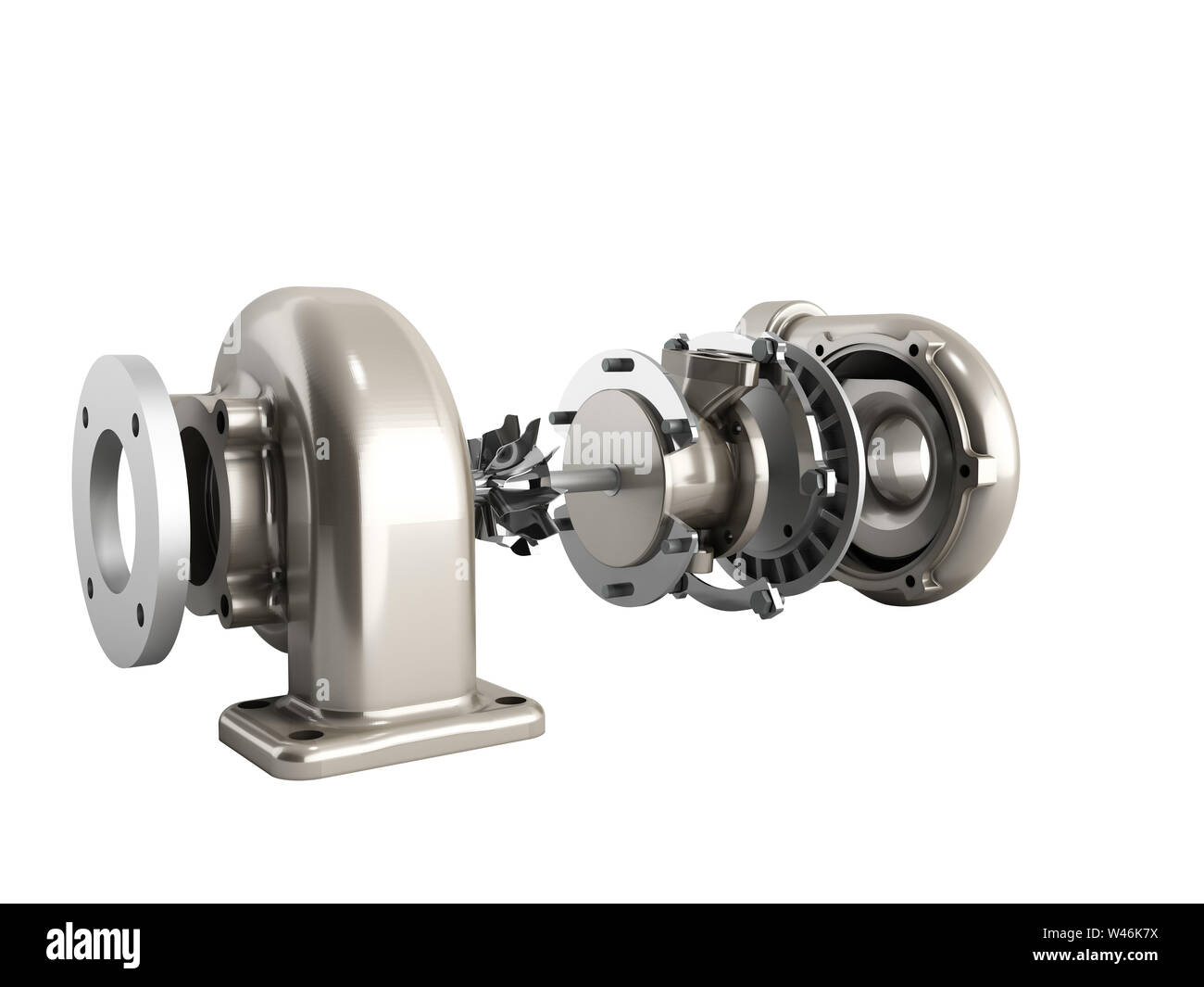 Automotive Turbolader Turbine 3D-Render auf Weiß kein Schatten Stockfoto