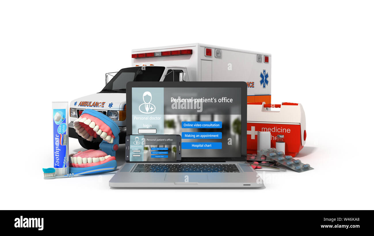 Modernes Konzept der Online medical care Laptop und Telefon mit weißer Bildschirm und medizinische Produkte in der Nähe von Ihnen 3D-Render auf Weiß Stockfoto