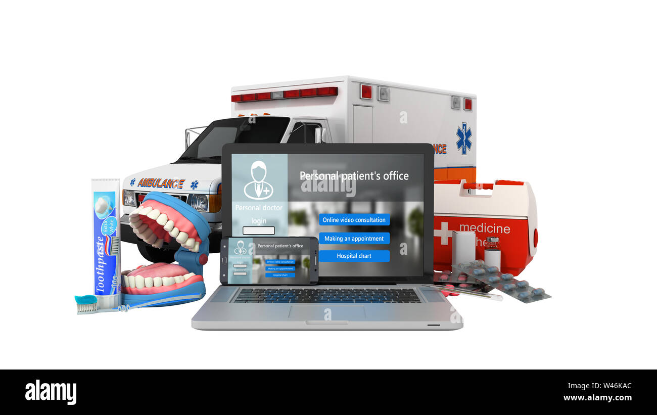 Modernes Konzept der Online medical care Laptop und Telefon mit weißer Bildschirm und medizinische Produkte in der Nähe von Ihnen 3D-Render auf Weiß kein Schatten Stockfoto