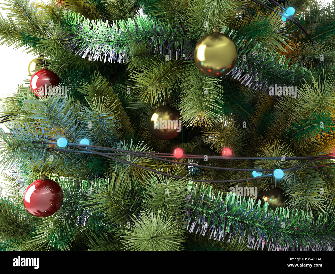 Weihnachtsbaum Nahaufnahme mit bunten Spielzeug 3D-Render isoliert auf weißem Stockfoto