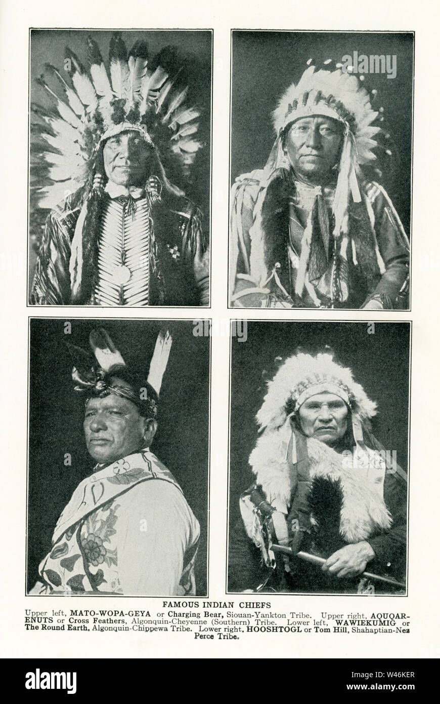 Berühmte Indianerhäuptlinge. Oben links: Mato-Wopa - Geya, oder Laden tragen, Siouan-Yankton Stamm. Rechts oben: Aquqar - enuts oder Federn, Algonquin-Cheyenne (Siouthern) Stamm; unten links: Wawiekumig oder Die runde Erde, Algonquin-Chippewa Stamm; rechts unten: Hooshtogl oder Toim Hill, Shahaptian-Nez Perce Stammes Stockfoto