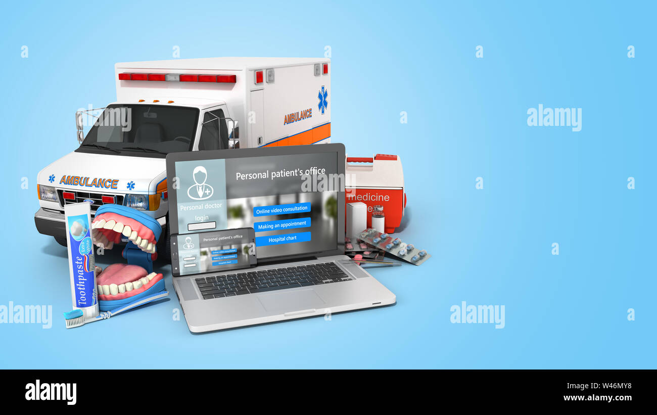 Modernes Konzept der Online medical care Laptop und Telefon mit weißer Bildschirm und medizinische Produkte in der Nähe von Ihnen 3D-Render auf Blau Stockfoto