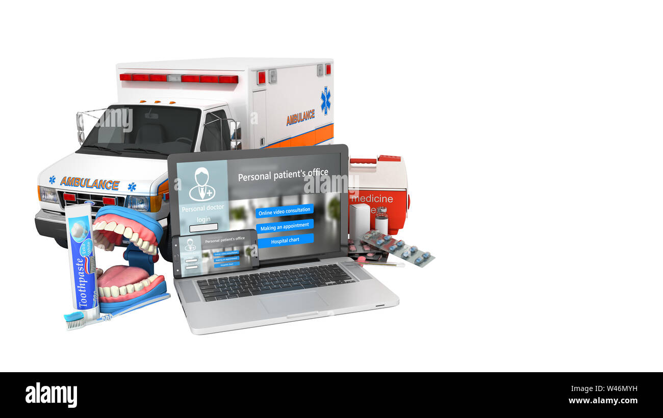 Modernes Konzept der Online medical care Laptop und Telefon mit weißer Bildschirm und medizinische Produkte in der Nähe von Ihnen 3D-Render auf Weiß kein Schatten Stockfoto