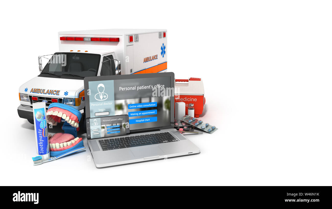 Modernes Konzept der Online medical care Laptop und Telefon mit weißer Bildschirm und medizinische Produkte in der Nähe von Ihnen 3D-Render auf Weiß Stockfoto
