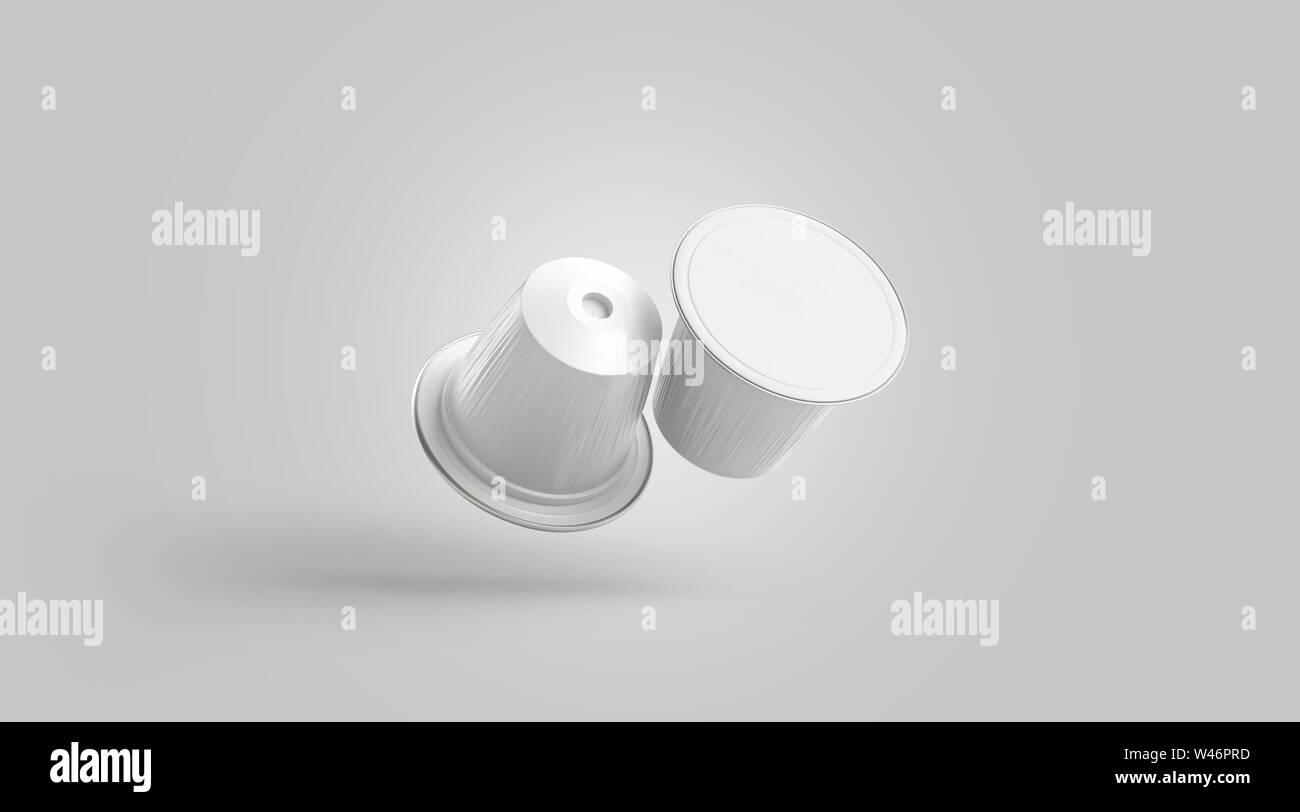 Leere Kunststoff weiß/Kapsel mock up, keine Schwerkraft, isoliert, 3D-Rendering. Leere Wegwerf espresso Box mockup. Klar Vakuum Paket mit Sauce o Stockfoto