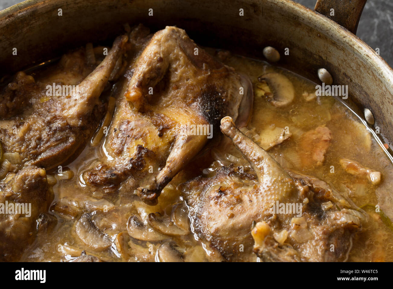 Ein Eintopf aus wilden Wald Tauben, Columba Palumbus, Kochen, Zwiebeln, Speck, Rindfleisch enthält Cannellini Bohnen, in Scheiben geschnittenen Champignons und frischen Ro Stockfoto