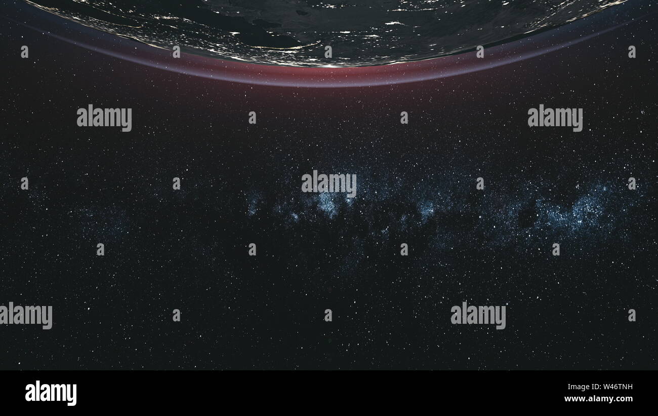 Die Erdumlaufbahn Milchstraße Spiralgalaxie Satelliten anzeigen. Star Cluster astronomische Navigation Sonnensystem tiefen Weltraum Travel Concept Zoom in 3D Animation Stockfoto