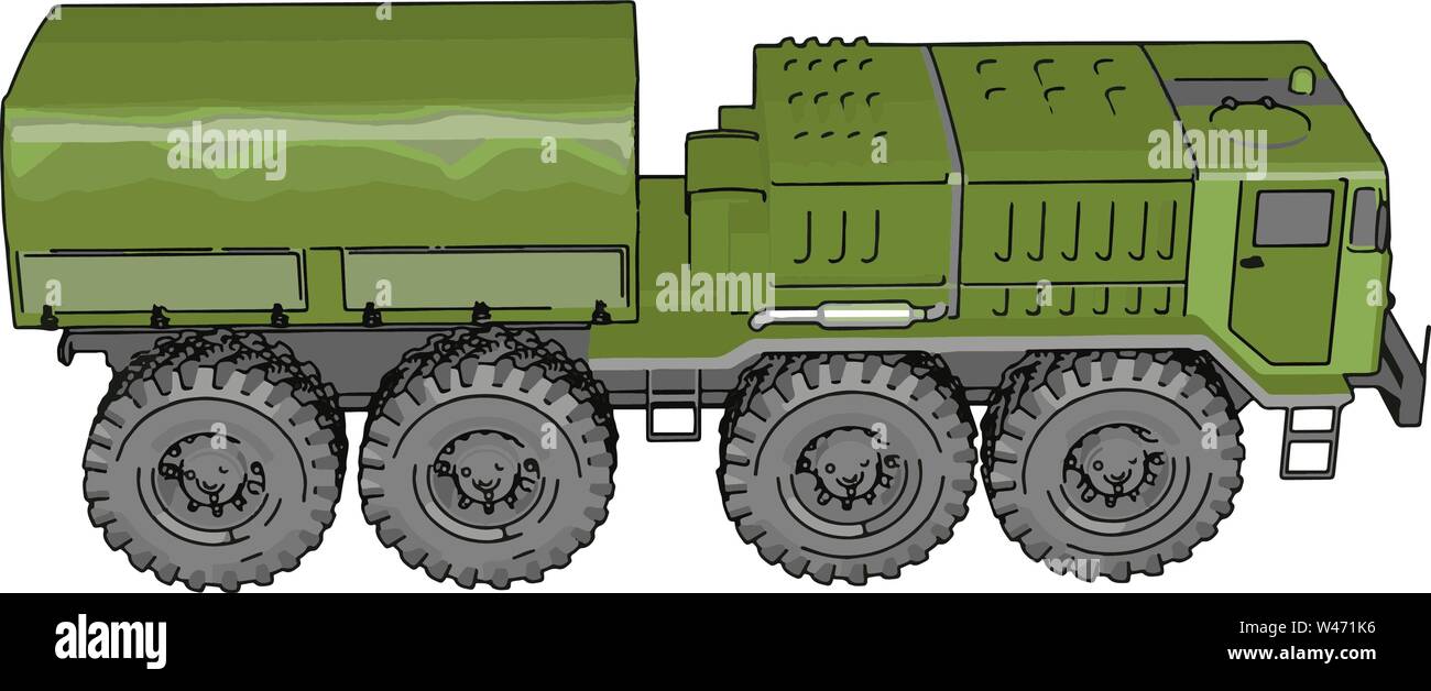 Grüne Militärfahrzeug, Illustration, Vektor auf weißem Hintergrund. Stock Vektor