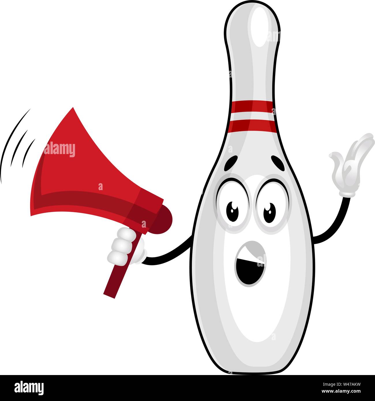 Bowling Pin mit Megafon, Illustration, Vektor auf weißem Hintergrund. Stock Vektor