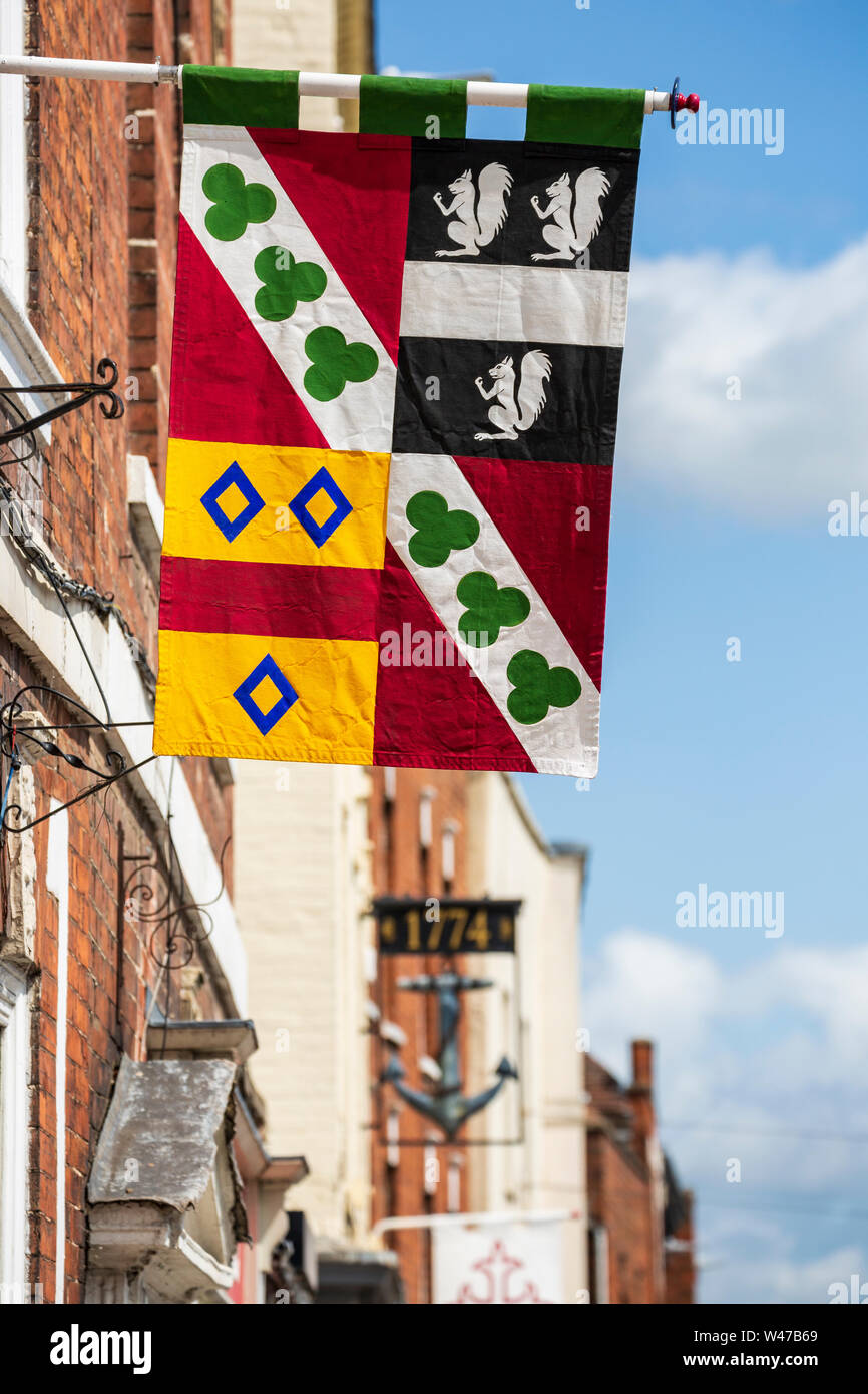 Mittelalterliche Banner auf der Anzeige für die tewkesbury Mittelalter Festival, Gloucestershire, England Stockfoto