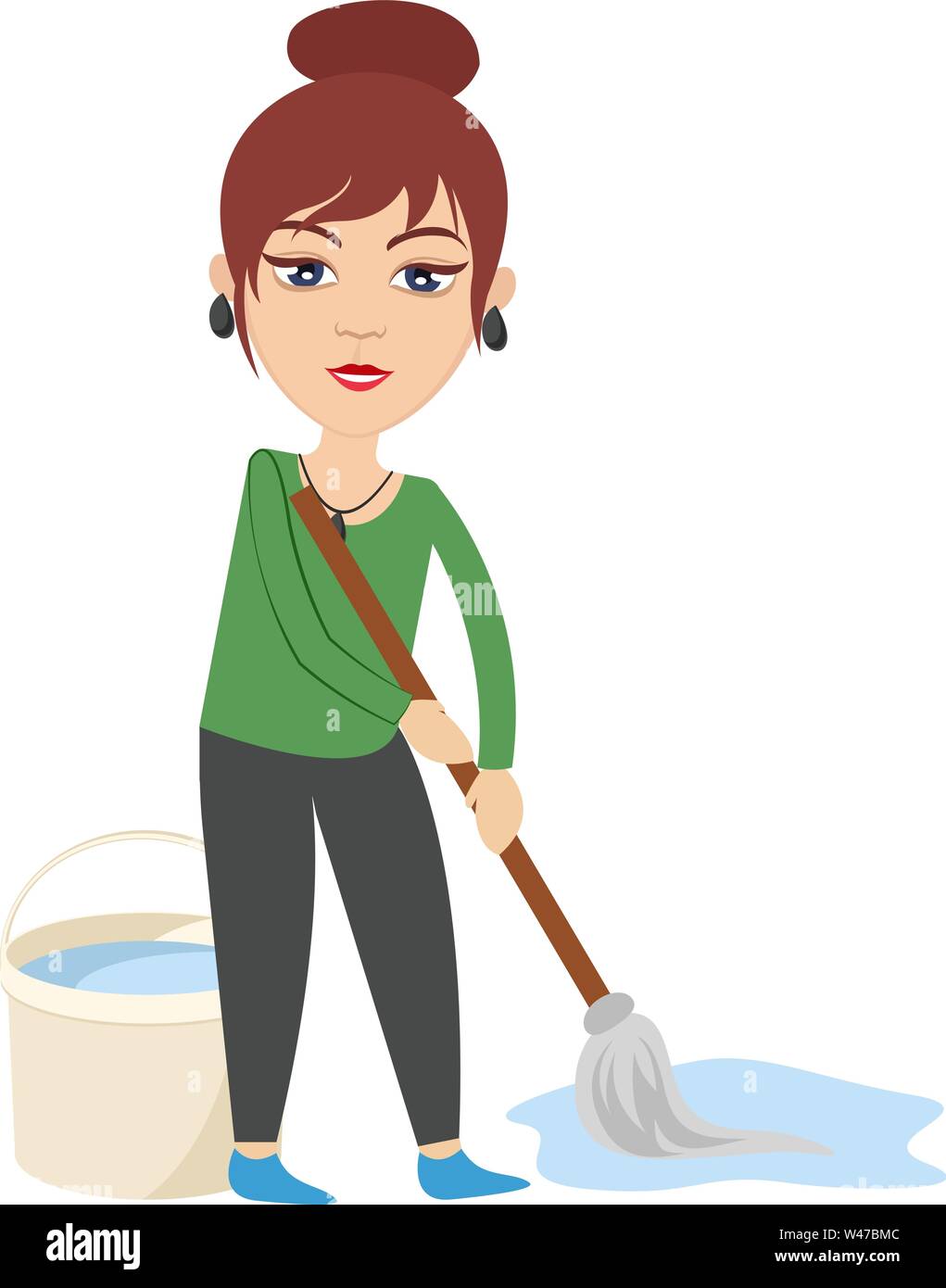 Frau mit Reinigungs Mop, Illustration, Vektor auf weißem Hintergrund. Stock Vektor