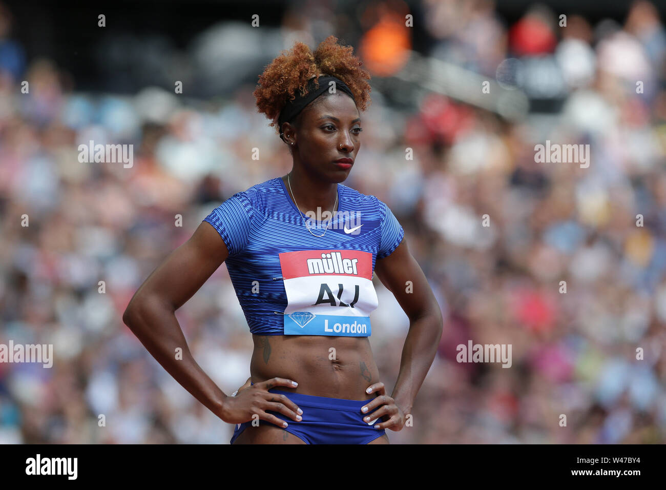 Das Stadion in London, London, Großbritannien. 20. Juli 2019. IAAF Muller Geburtstag Spiele Leichtathletik; Nia Ali der USA cocnetrates vor konkurrierenden Frauen 100m Hürden Runde 1 Hitze 2 Credit: Aktion Plus Sport Bilder/Alamy Live News Credit: Aktion plus Sport/Alamy leben Nachrichten Stockfoto