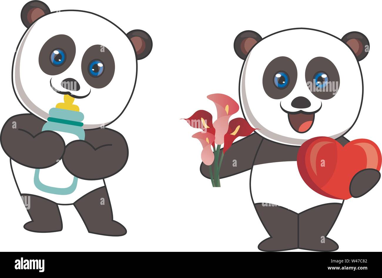 Pandas mit Milch und Blumen, Illustration, Vektor auf weißem Hintergrund. Stock Vektor