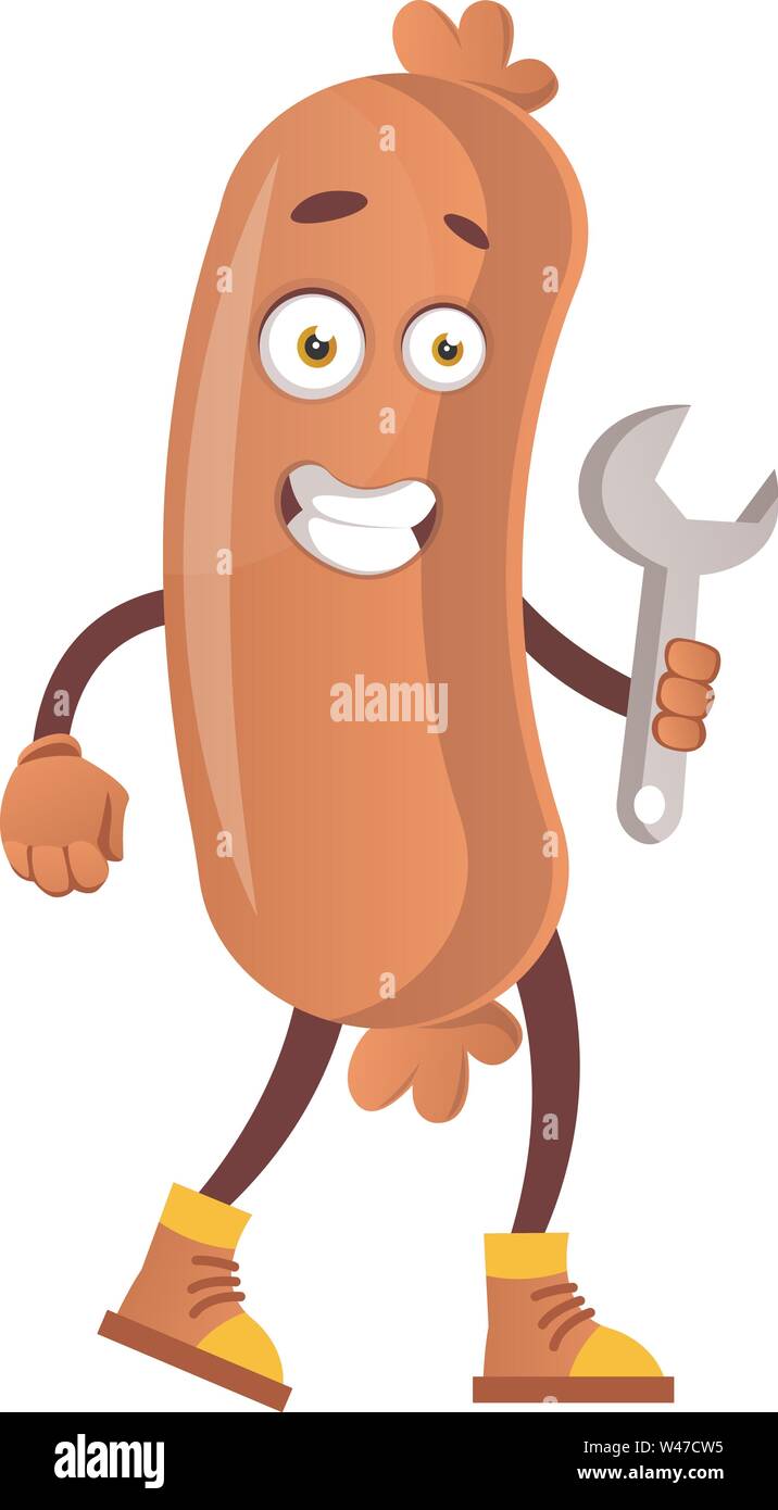 Wurst mit Schraubenschlüssel, Illustration, Vektor auf weißem Hintergrund. Stock Vektor