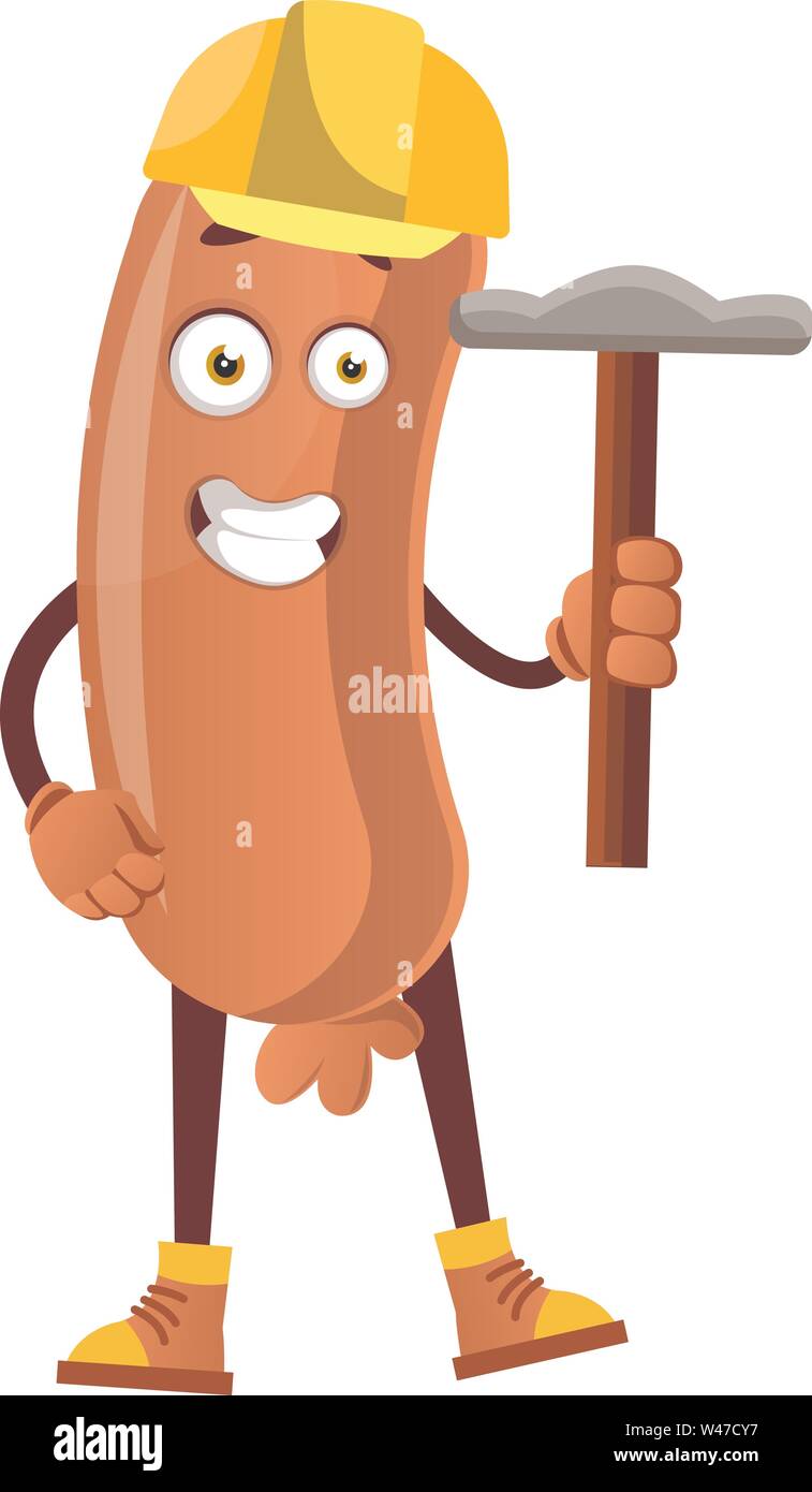 Wurst mit Hammer, Illustration, Vektor auf weißem Hintergrund. Stock Vektor