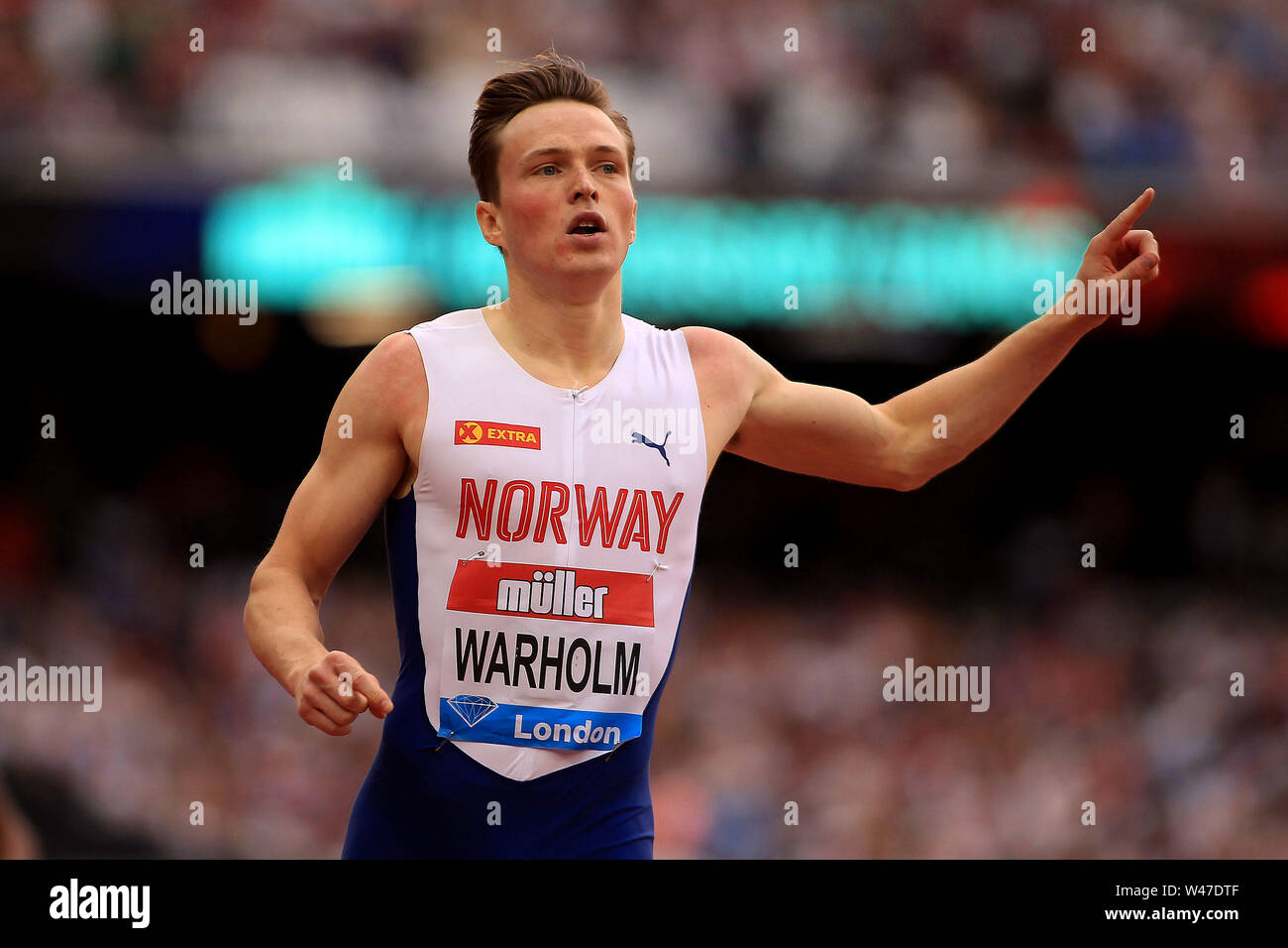 London, Großbritannien. 20. Juli 2019. Karsten Warholm Norwegen feiert, nachdem die schnellste Zeit in der Welt in diesem Jahr bei den Herren 400 m Hürden. Muller Geburtstag Spiele 2019, London Grand Prix an der London Stadium, Queen Elizabeth Olympic Park in London am Samstag, den 20. Juli 2019. Dieses Bild dürfen nur für redaktionelle Zwecke verwendet werden. Redaktionelle Verwendung nur. pic von Steffan Bowen/Andrew Orchard sport Fotografie/Alamy Live news Credit: Andrew Orchard sport Fotografie/Alamy leben Nachrichten Stockfoto