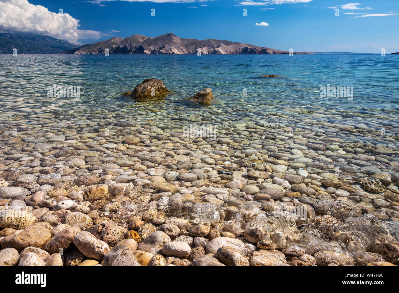Strand Vela Vrzenica. Steiniger Strand. Prvic Island im Hintergrund. Adria. Transparentes Meerwasser. Insel Krk. Kroatien. Europa. Stockfoto