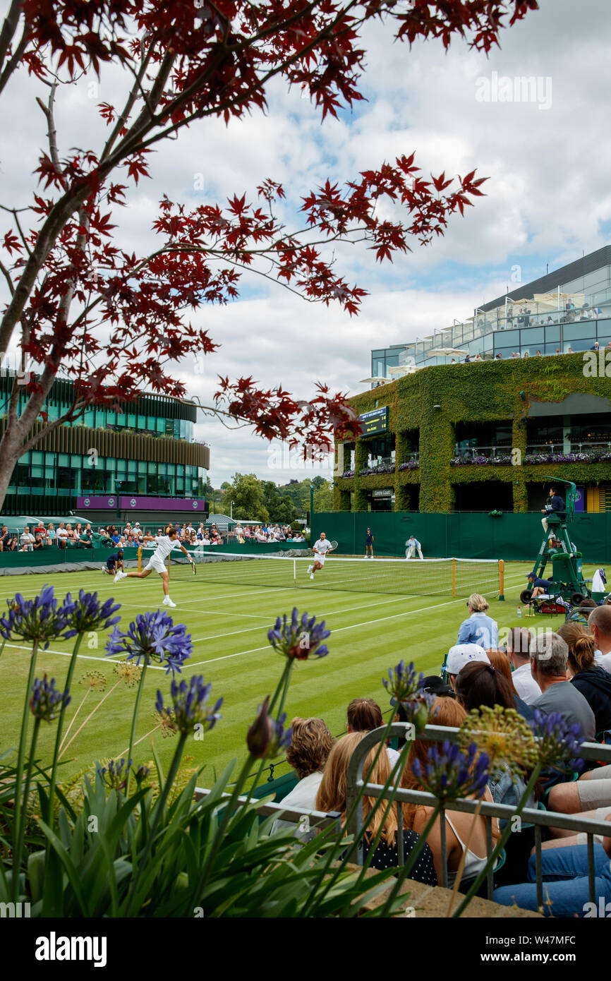 Details von Blumen und einen allgemeinen Blick auf die Wimbledon Championships 2019. Gehalten an der All England Lawn Tennis Club, Wimbledon. Stockfoto