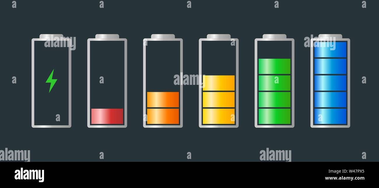 High zu Low power Batterien aufgeladen mit Energie Anzeige aufladen Icon  Set. Leer bis voll Batterie Anzeige rot orange gelb blau grün  Stock-Vektorgrafik - Alamy