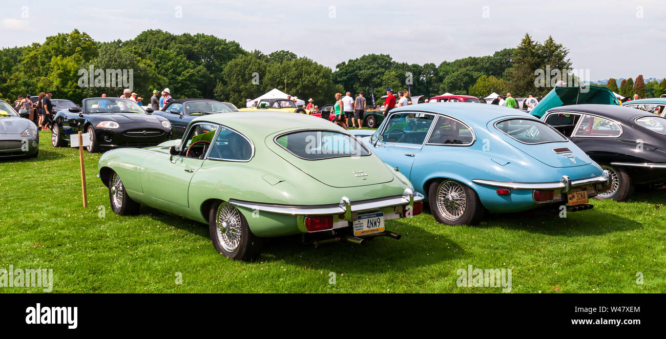 Antike Jaguare in verschiedenen Farben aufgereiht an der Pittsburgh Gran Prix, Pittsburgh, Pennsylvania, USA Stockfoto