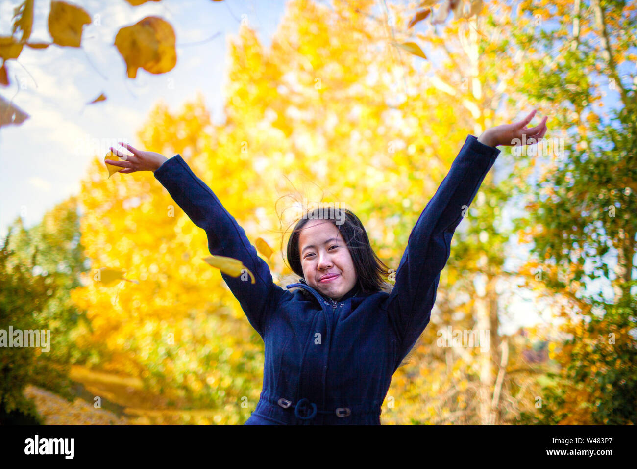 Asiatische Jugendmädchen werfen bis gelbe Blätter im Park mit Bäumen wechselnden Farben im Herbst Saison. Stockfoto