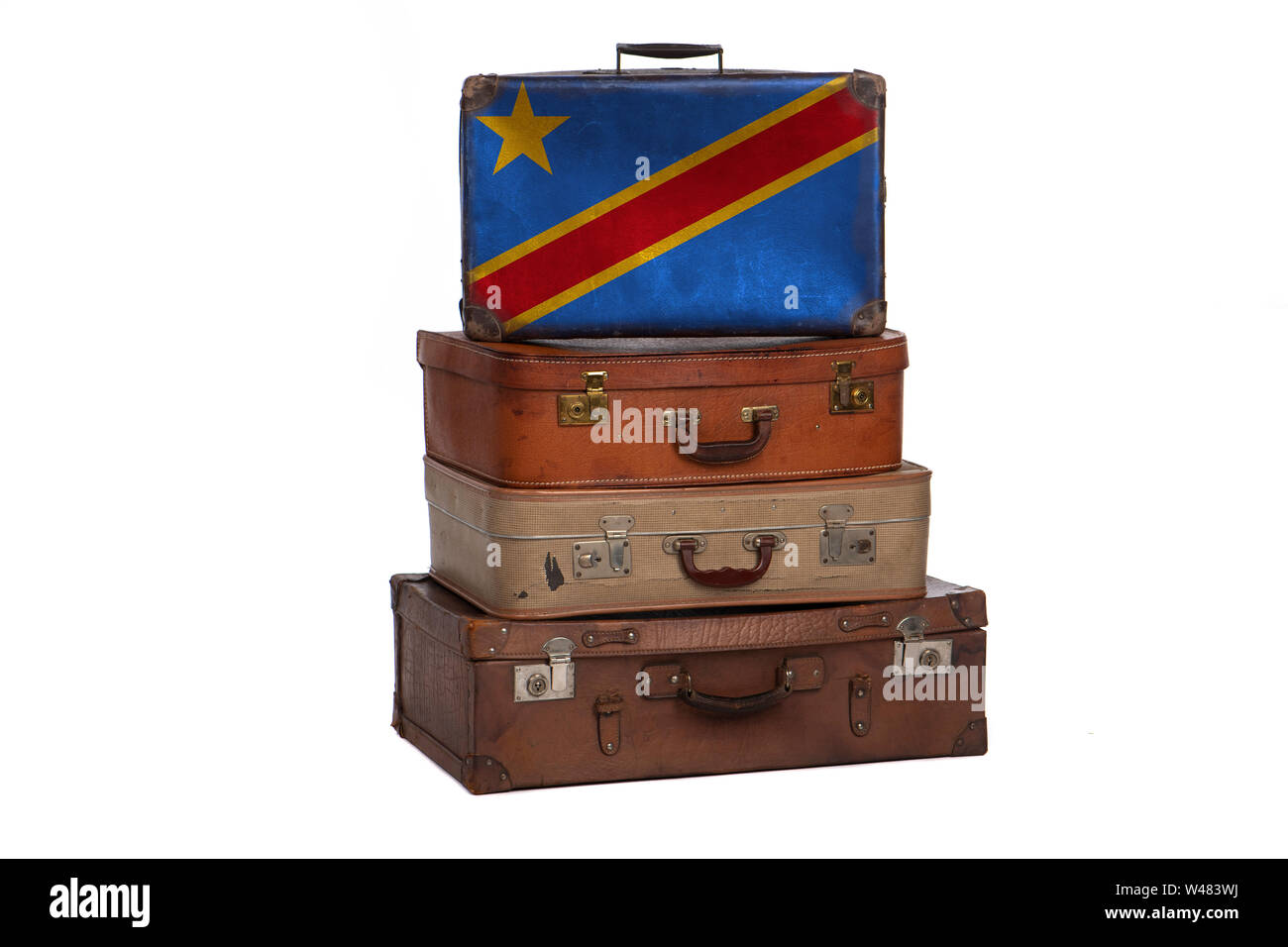 Demokratische Republik Kongo Travel Concept. Gruppe von Vintage Koffer auf weißem Hintergrund Stockfoto