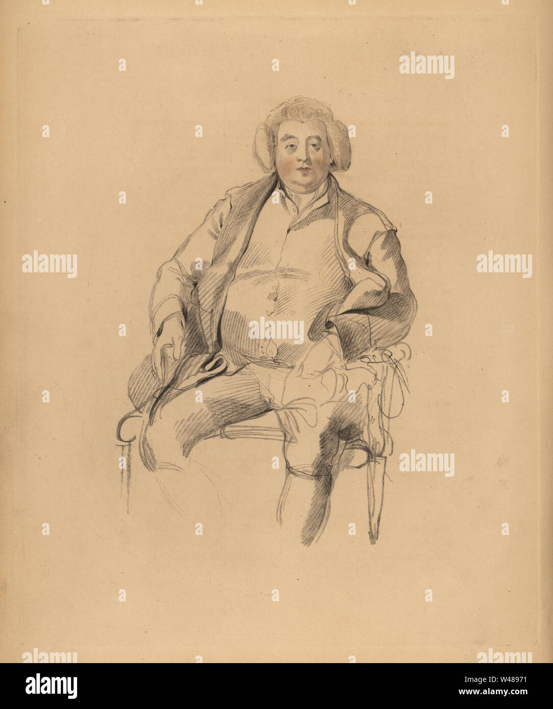 Portrait von Sir Thomas Lawrence's Vater, Gastwirt Thomas Lawrence. Beleibte mann Perücke auf einem Stuhl sitzt. Hand - getönt, Kupferstich von Friedrich Christian Lewis nach einer Illustration von Sir Thomas Lawrence von P.G. Patmore Kabinett von Edelsteinen, Ackermann, London, 1837. Stockfoto