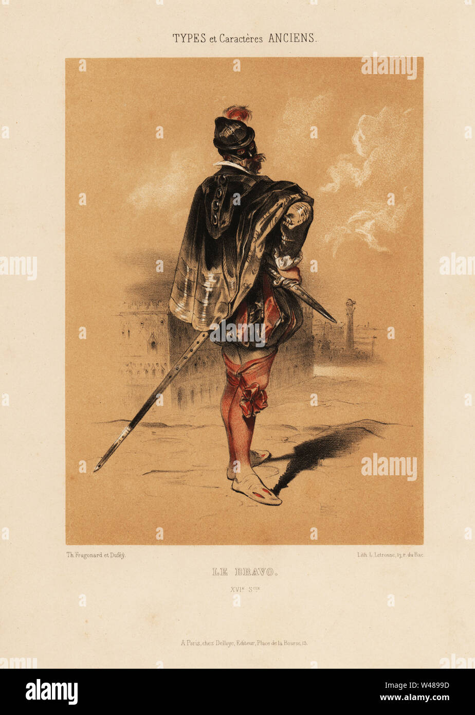 Schwertkämpfer, Le Bravo, 16. Im schwarzen Helm und Augenmaske, kurze Umhang über wams mit Spitzenkragen, Schlauch mit Strumpfband Bänder, zerschnitt Schuhe. Schwert und Dolch am Gürtel. Chromolithograph von Louis Rene Letronne nach einer Illustration von Th. Fragonard et Dufey von Le Souvenir Francais mit 12 Platten von A. Mazuy der Typen et Caracteres Anciens, d'après des Documents Peints ou Ecrits, chez Delloye, Paris, 1841. Stockfoto