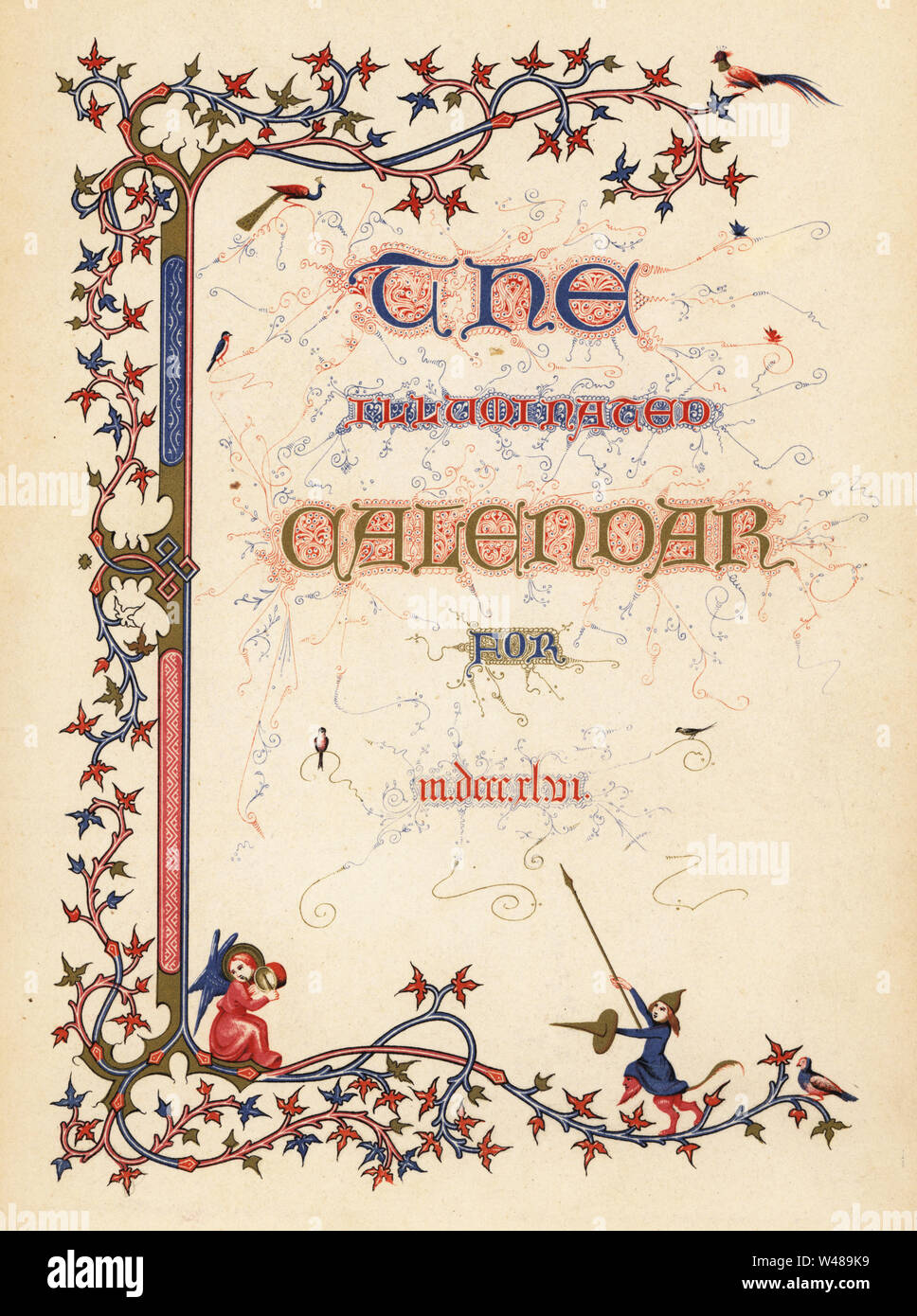 Titelseite Mit Kalligraphie Und Dekorative Gestaltung Mit Laub Vogel Engel Und Fabelwesen Mit Lanze Und Schild