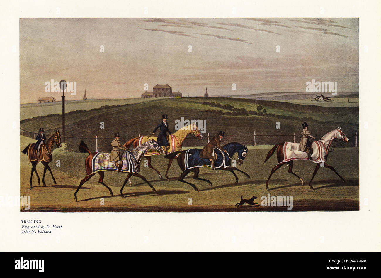 Jockeys Ausbildung von Pferden auf einer Rennstrecke. Farbe Drucken nach einem Stich von G. Jagd von eine Abbildung von James Pollard in Ralph Nevill's Old Sporting Drucke, den Kenner Magazine, London, 1908. Stockfoto