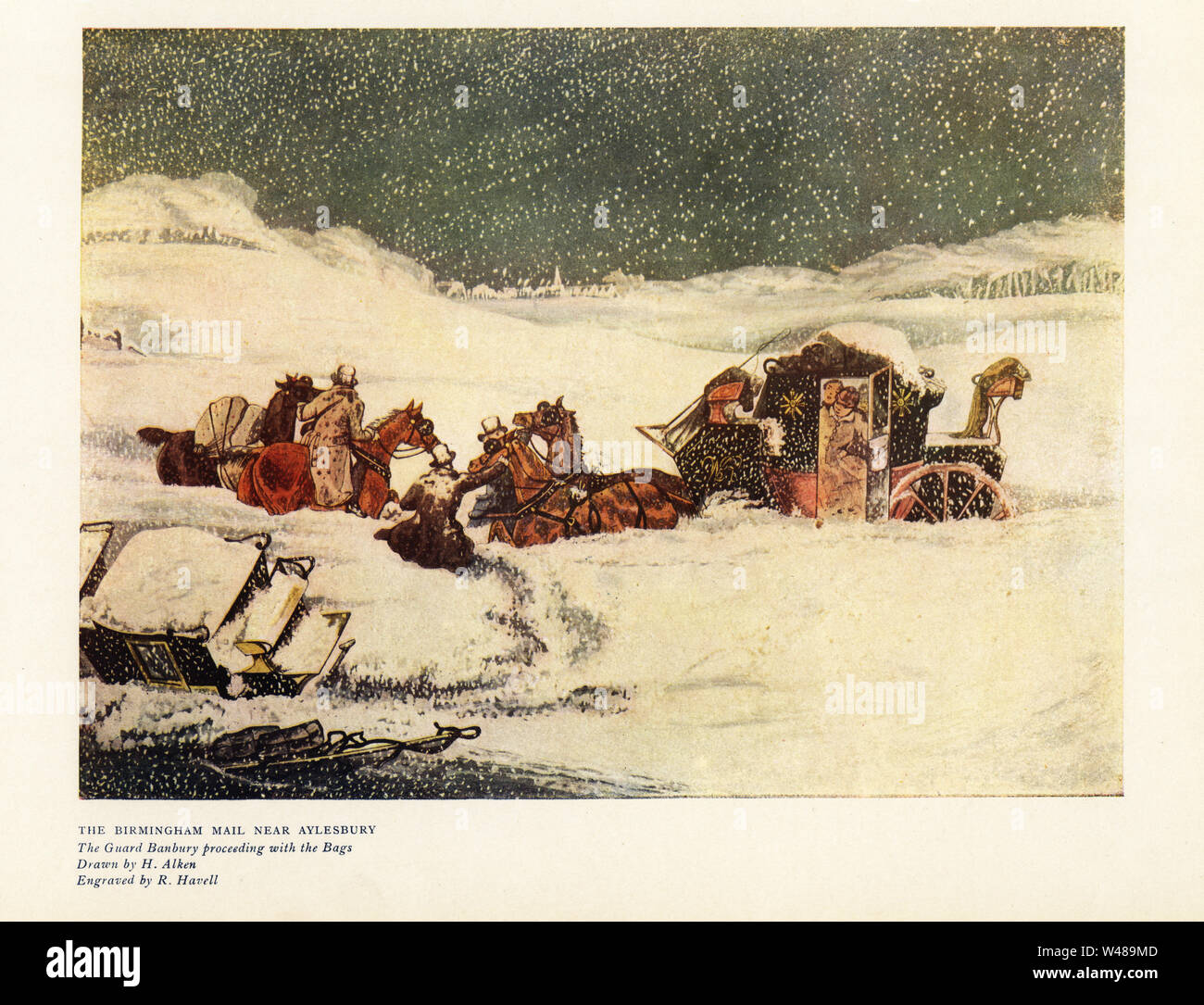 Die Birmingham mail Coach klemmt im Schnee in der Nähe von Aylesbury, 1830. Die schutzvorrichtung Banbury sie mit der e-mail Taschen auf dem Rücken der Pferde. Farbe Drucken nach einem Stich von aus eine Illustration von in Ralph Nevill's Old Sporting Drucke, den Kenner Magazine, London, 1908. Stockfoto