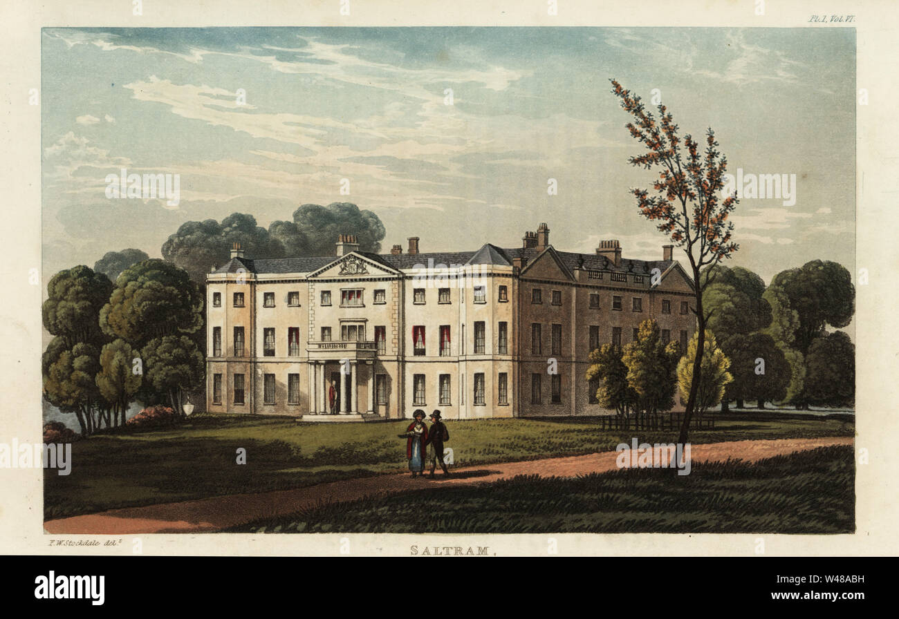 Saltram House, Plymouth, Devon, Sitz der John Parker, 1. Baron Boringdon. Georgianische Landhaus mit Architekten Robert Adam. Papierkörbe Kupferstich nach einer Illustration von F.W.L. Stockdale von Rudolph Ackermann im Repository des Arts, London, 1825. Stockfoto