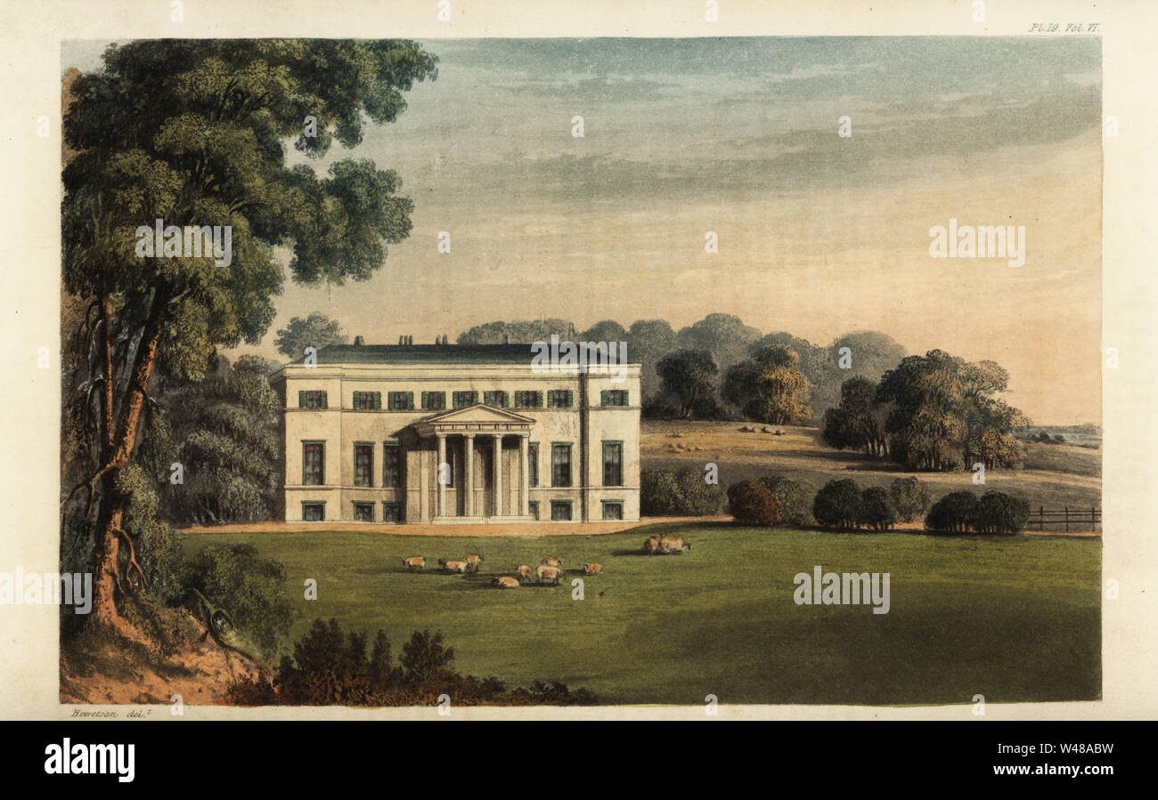 Stratton Park, Winchester, der Sitz der Banker und Slave owner Sir Thomas Baring. Neoklassischen Design von George Tanz mit dorischen Portikus und Gärten angelegten durch Humphry Repton. Papierkörbe Kupferstich nach einer Illustration von hewetson von Rudolph Ackermann im Repository des Arts, London, 1825. Stockfoto