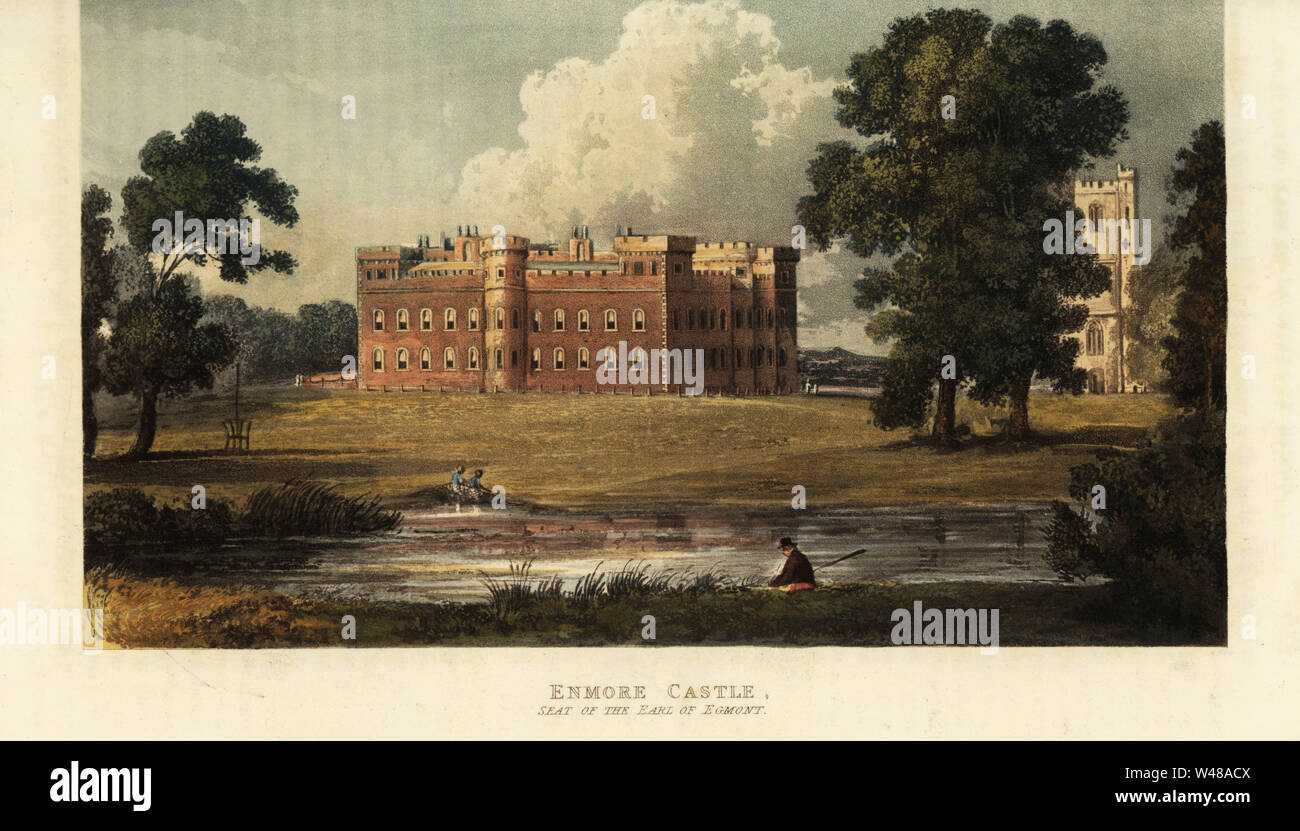 Enmore Schloss, Somerset, der Sitz von John James Perceval, 3rd Earl von Egmont. Gotische rechteckige Schloss mit trockenen Foss und Zugbrücke, mit Zinnen versehene Kirche in der Nähe. Papierkörbe Kupferstich von Rudolph Ackermann im Repository des Arts, London, 1826. Stockfoto