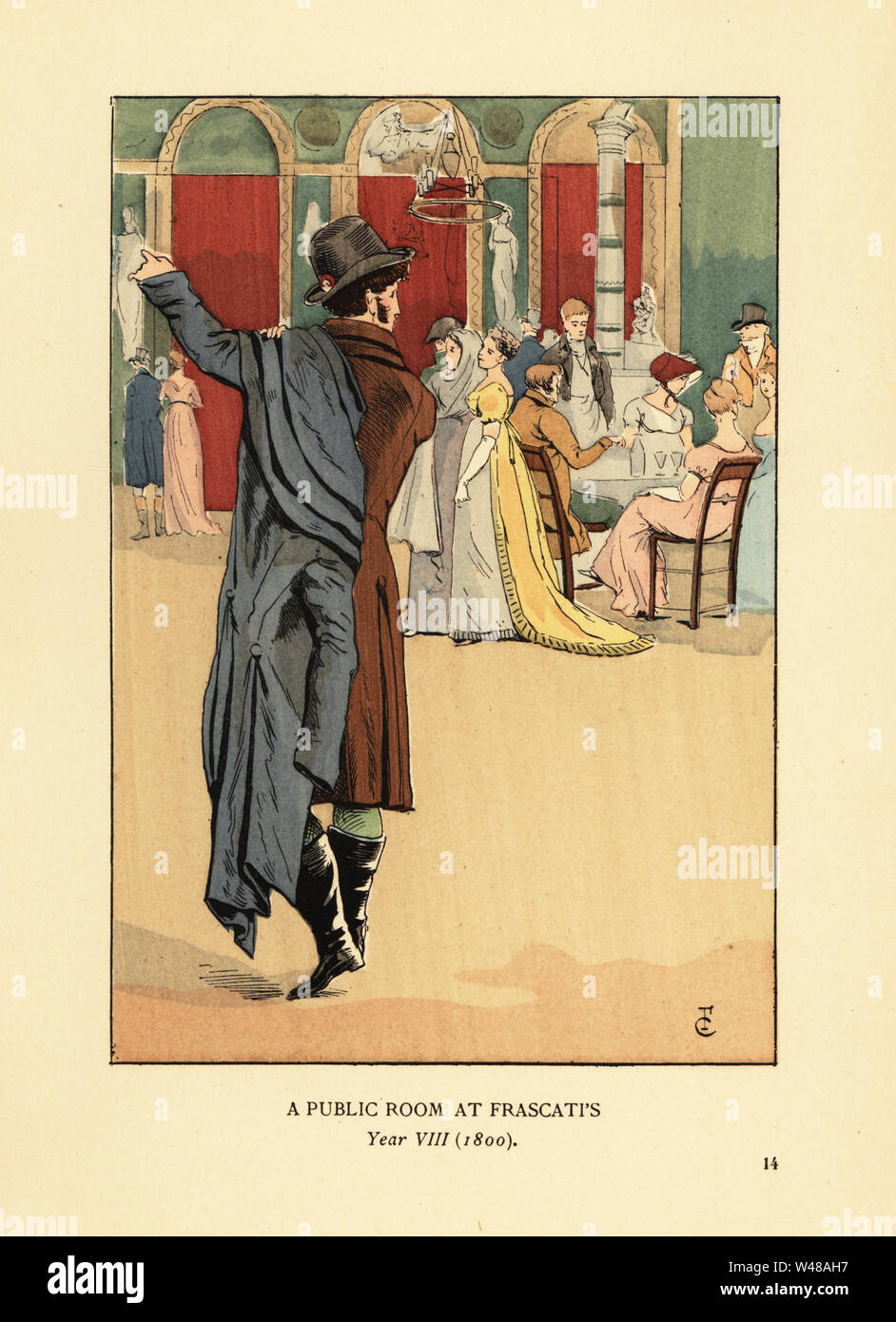 Gentleman auf carrick Mantel, während eine modische Salon. Ein öffentlicher Raum in Frascati, Paris, Jahr VIII, 1800. Berühmte Salon für Partys, Bälle, Konzerte und Glücksspiel. Papierkörbe Lithographie von R.V. nach einer Abbildung von Francois Courboin von Octave Uzanne's Fashion in Paris, William Heinemann, London, 1898. Stockfoto